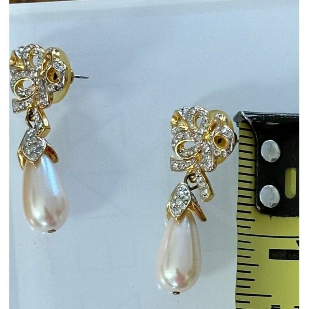 Vintage Faux Dangle Pearl Rhinestones Gold Tone Ribbon Earrings Special Event - Picture 6 of 8